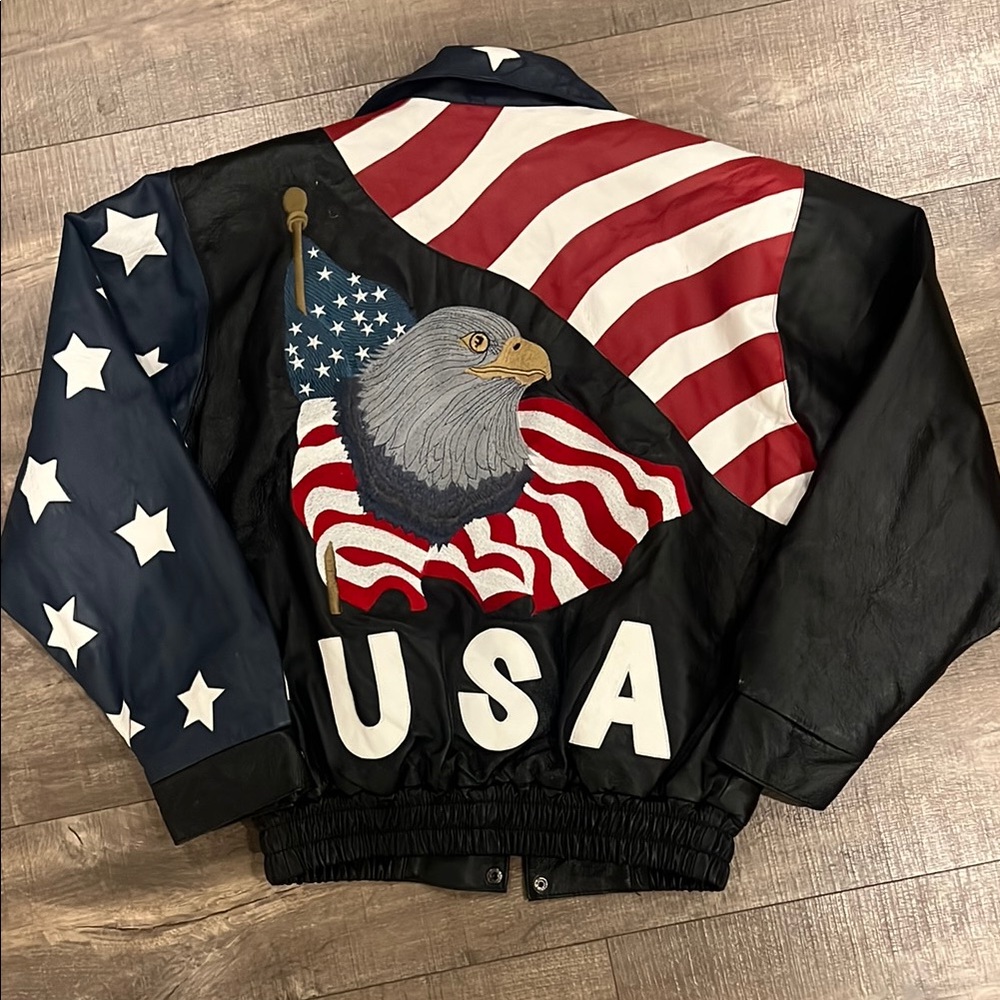 Leather jacket USA flag bald eagle